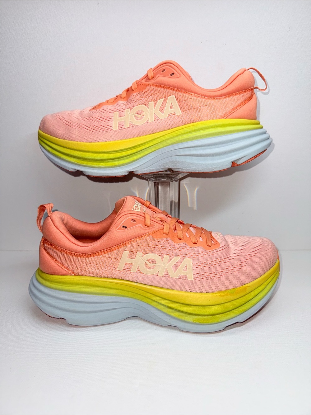 HOKA BONDI 8 Women's Pink Coral Running Shoes with Yellow Accent